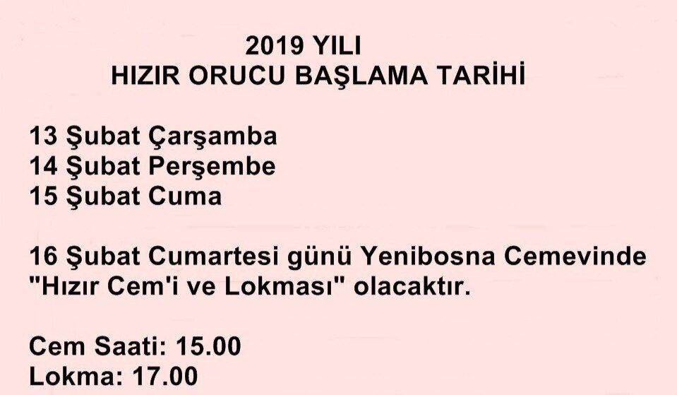 2019 YILI HIZIR ORUCU BAŞLAMA TARİHİ 